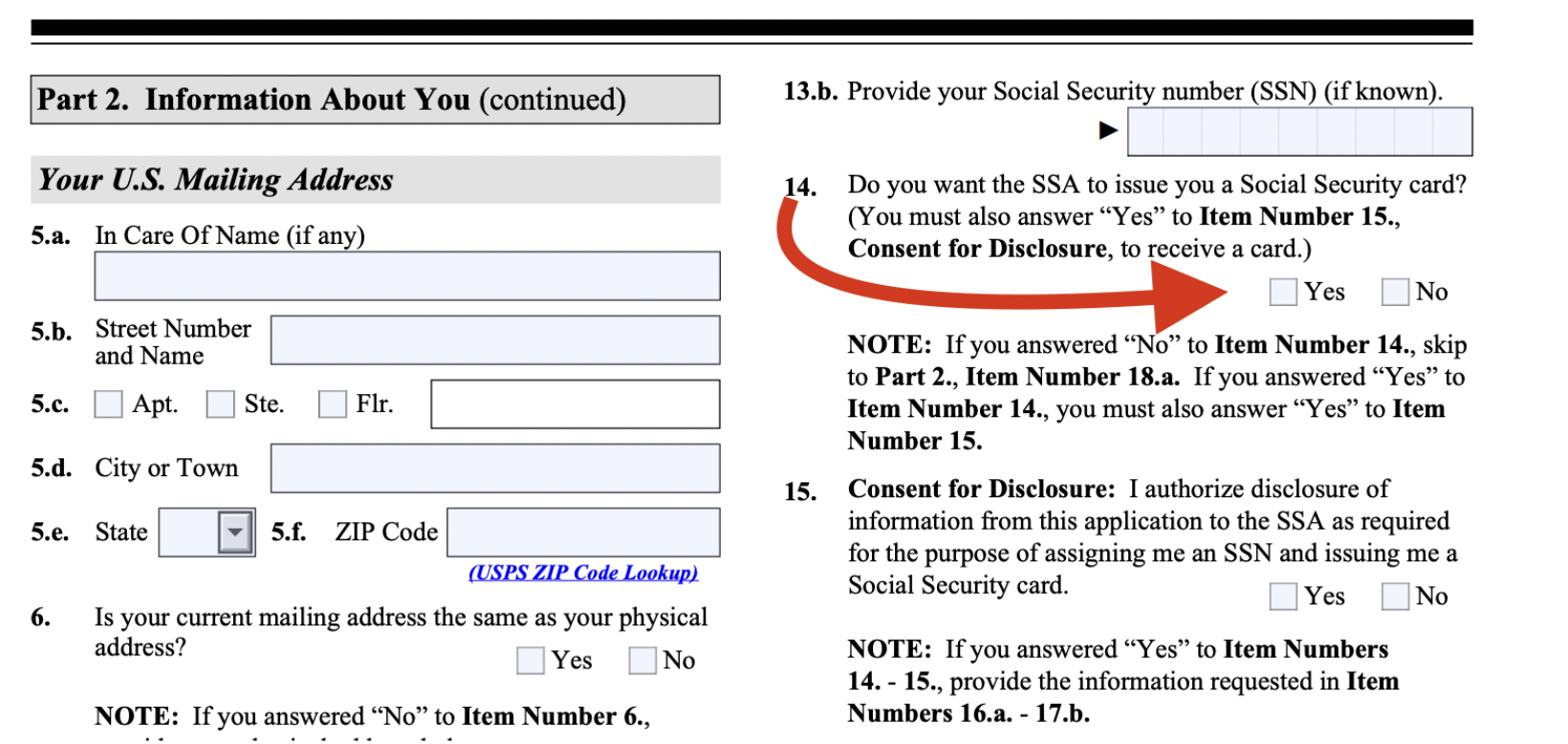 Image of USCIS Form I-765, Part 2 with a red arrow pointing to Question 14