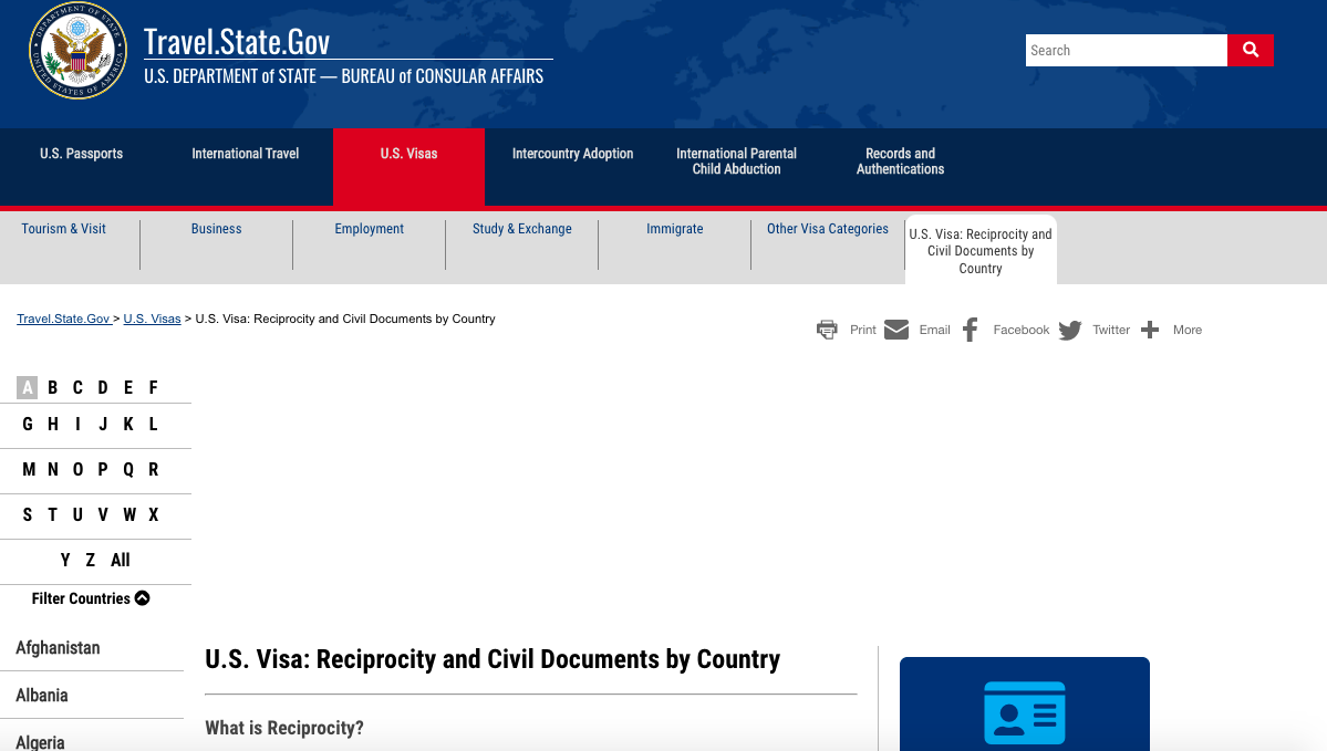 U.S. Department of State’s U.S. Visa: Reciprocity and Civil Documents by Country webpage